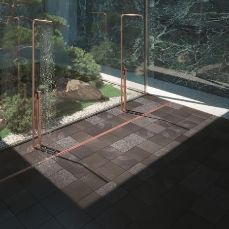 Priority Partner at Hadi Tehrani's H.O.M.E. Haus 2022 - Dallmer designs master bathroom with DallFlex drainage system